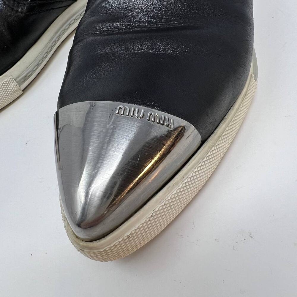 Miu Miu Loafers Women's 38.5 Black Leather Silver Toe Cap Slip On Luxury Shoes - Picture 2 of 16